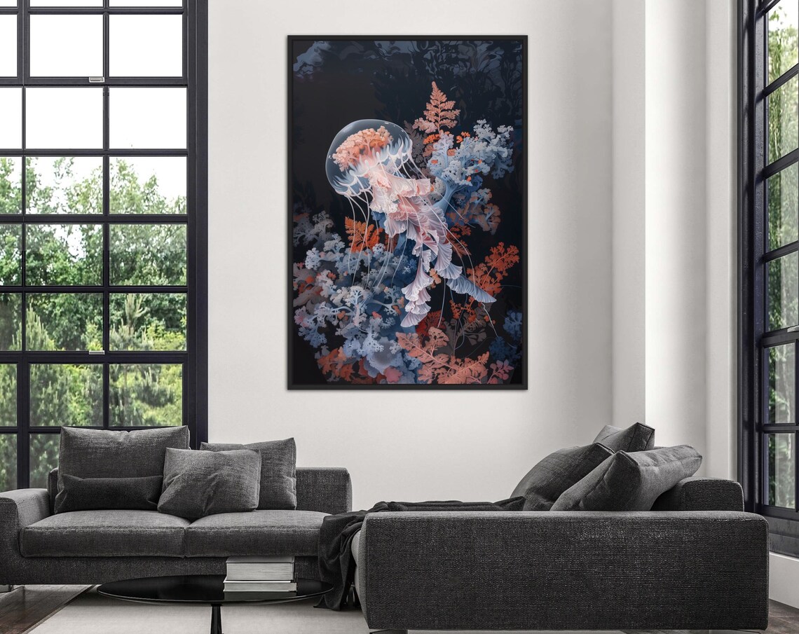 Dreamy Jellyfish Coral Reef Underwater Midnight Ocean Life Art Print