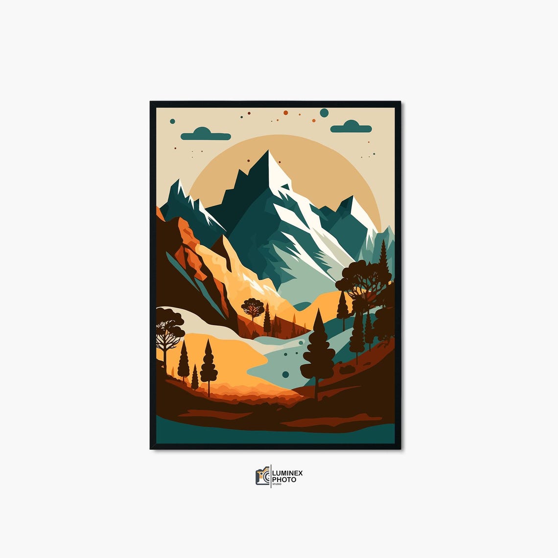 Snowy Mountain Sunset Geometric Alpine Landscape Modern Wall Art