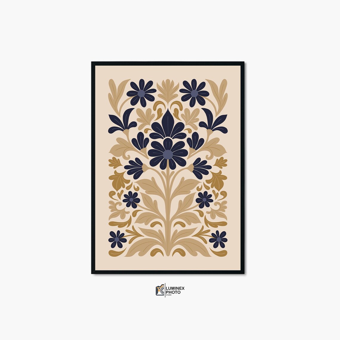 Symmetrical Navy Gold Floral Damask Botanical Vintage Poster