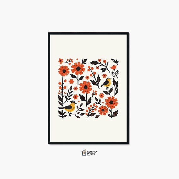 Nordic Folk Art Floral Poster With Orange Blooms And Small Birds
