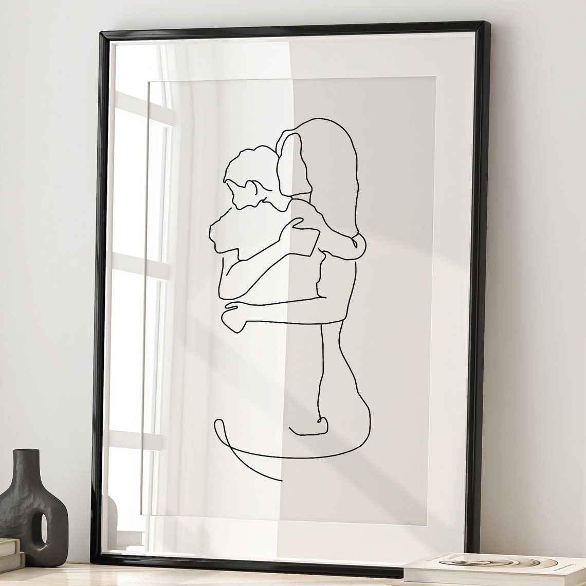 Mother Tenderly Hugging Her Little Child Line Art Style Poster