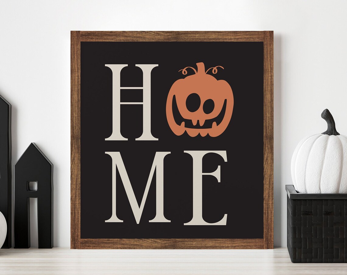 Home with Pumpkin Lettering Halloween Black Farmhouse Decor Poster