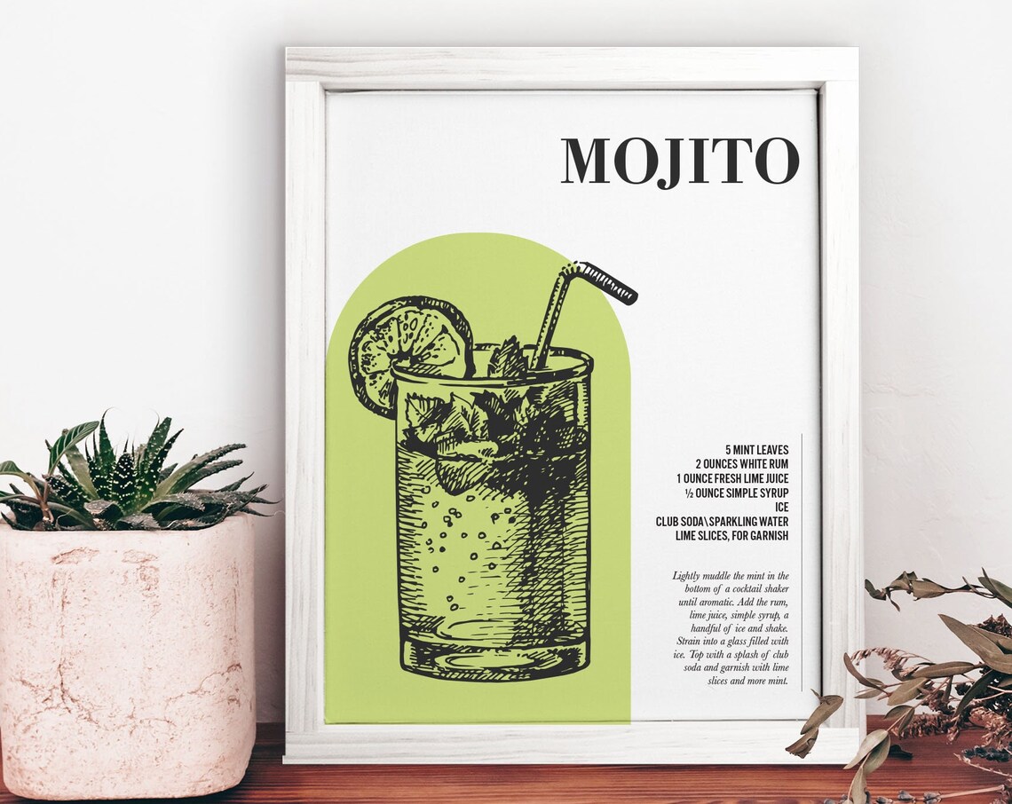 Mojito Cocktail Recipe Illustration with Arch Green Bar Cart Poster