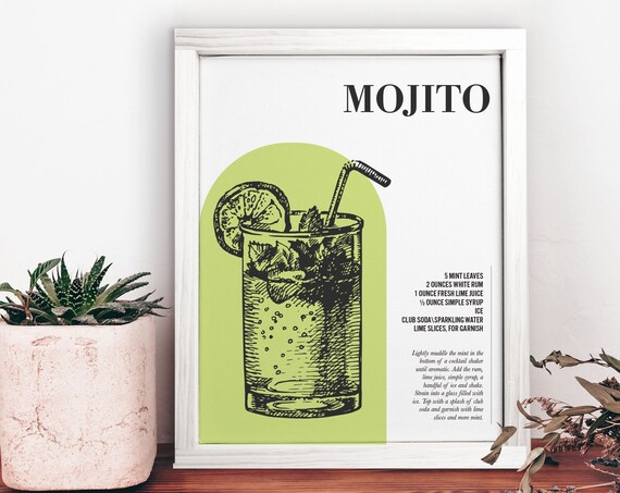 Mojito Cocktail Recipe Illustration with Arch Green Bar Cart Poster