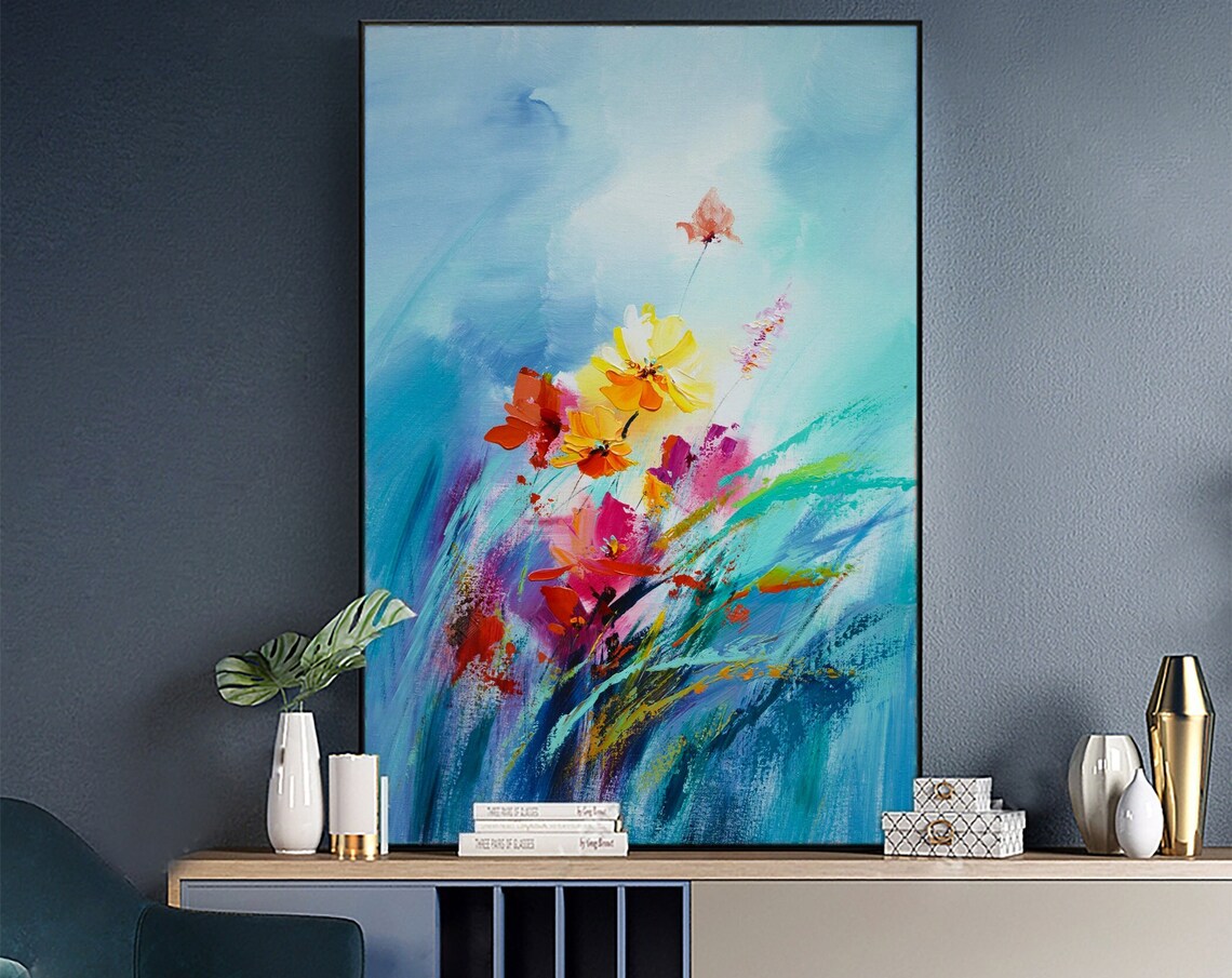 Turquoise Blue Blooming Wildflowers Abstract Floral Art Poster
