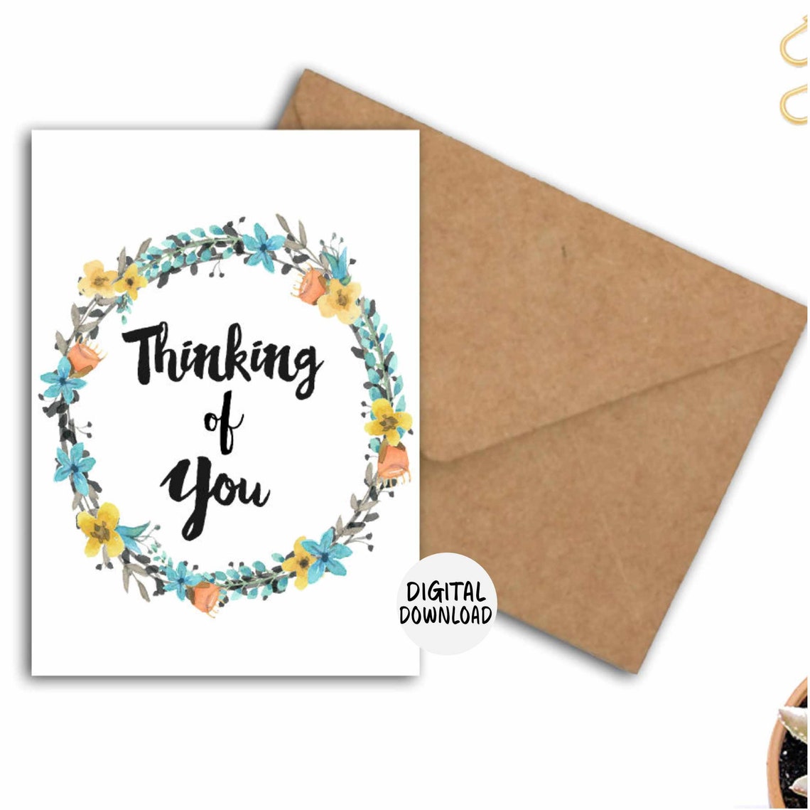 Thinking Of You Greeting Card For Girl Women Grandmother Mom Friendship Encouragement Watercolor Flower Floral Wreath
