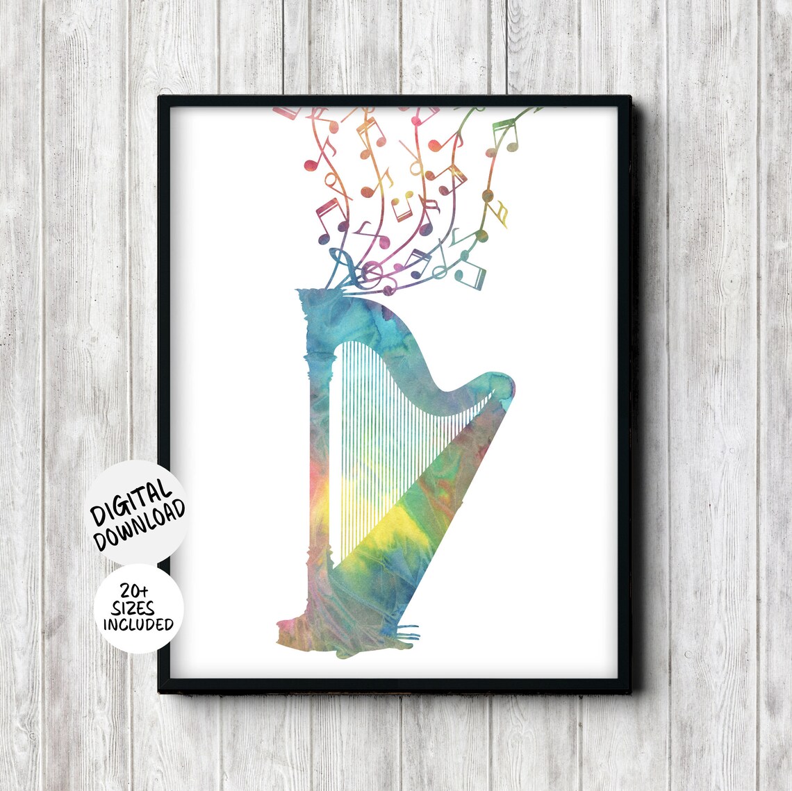 Harp with Flowing Music Notes Teal Watercolor Musical Instrument Art Poster