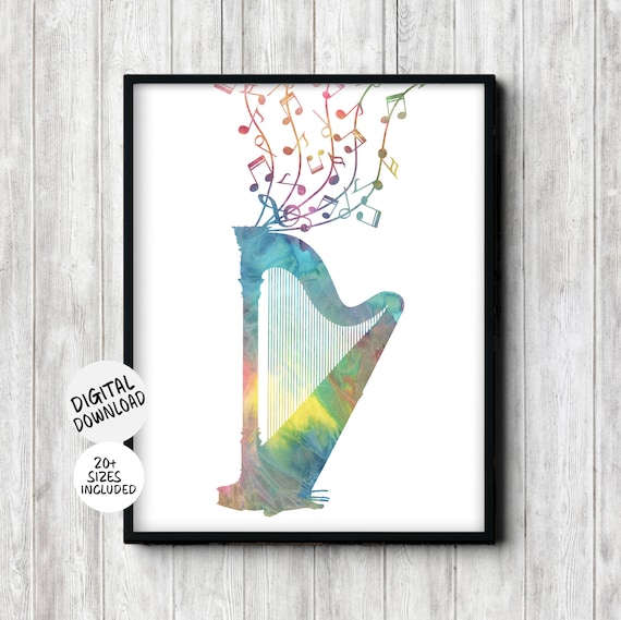 Harp with Flowing Music Notes Teal Watercolor Musical Instrument Art Poster