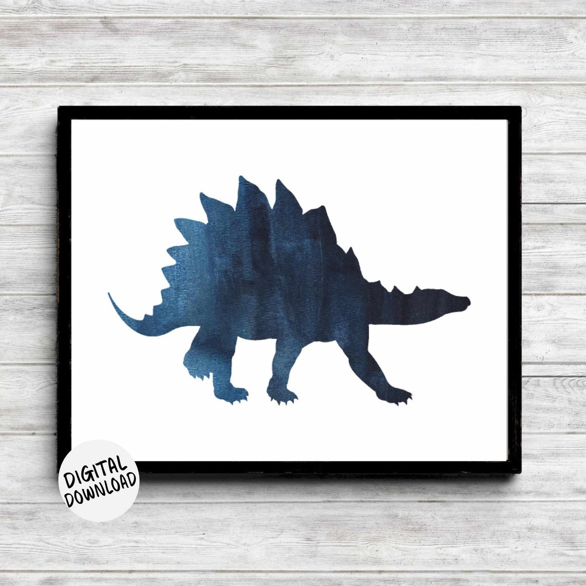 Stegosaurus Navy Blue Watercolor Dinosaur Silhouette Room Print