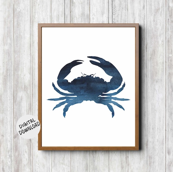Crab Wall Art Dark Blue Watercolor Office Wall Decor Beach Themed Bathroom Print Crustacean Core
