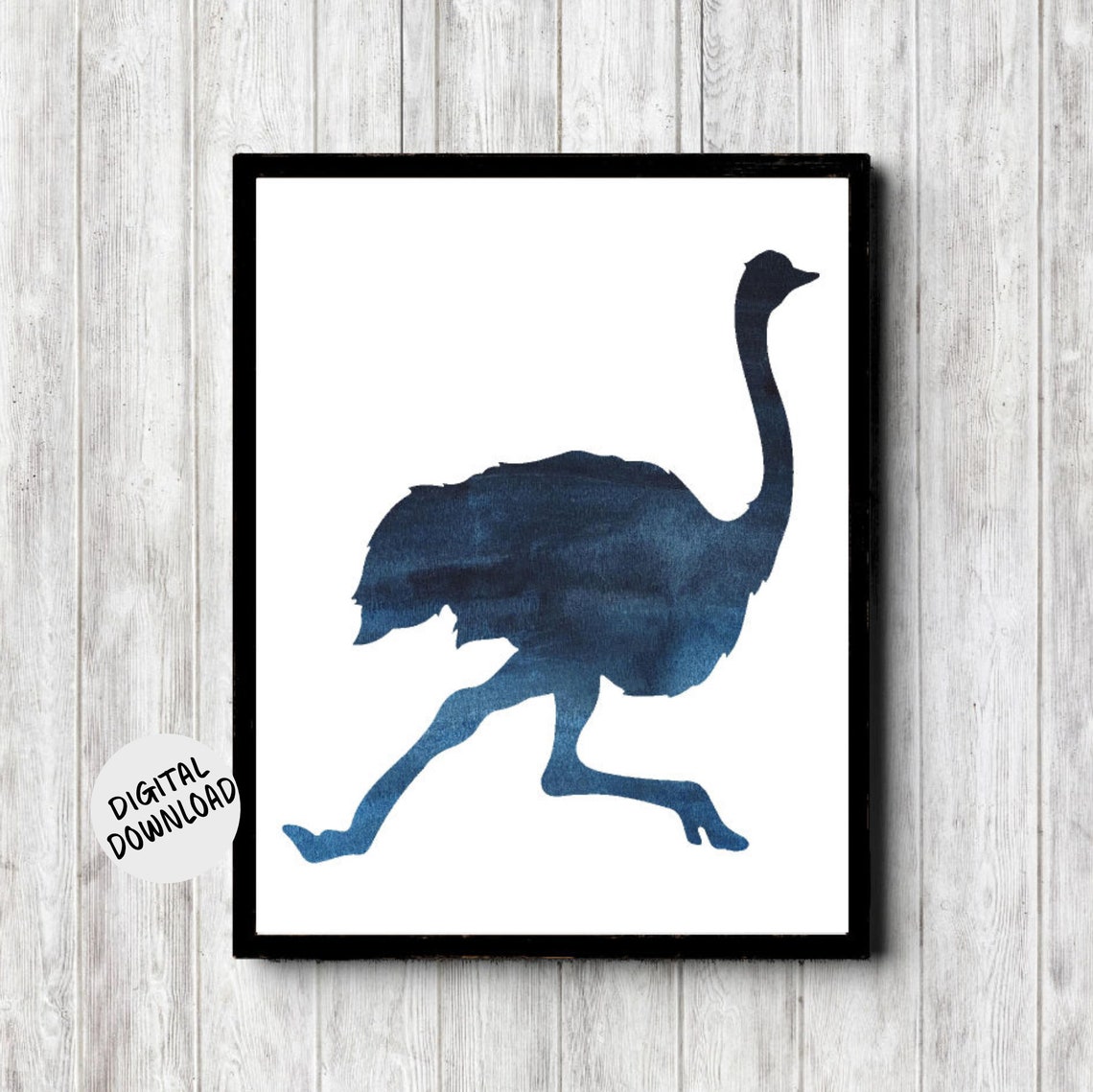 Navy Blue Watercolor Ostrich Silhouette African Bird Wall Poster