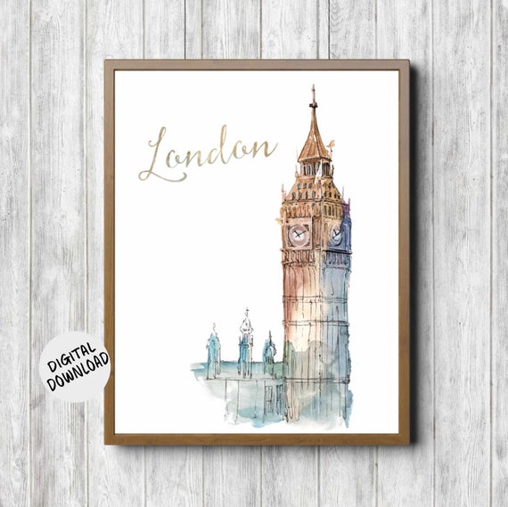 Watercolor London Poster Big Ben Wall Art Famous Landmark Office Wall Art World Cities Art Uk Themed Art Travel Decor
