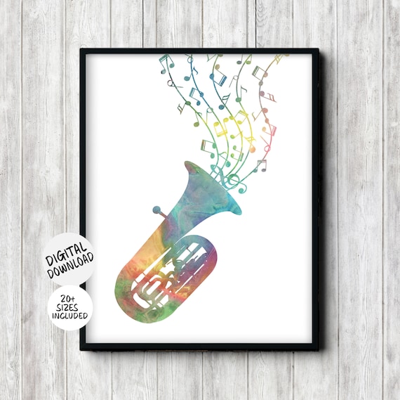 Tuba with Colorful Music Notes Watercolor Brass Instrument Musician Gift Poster