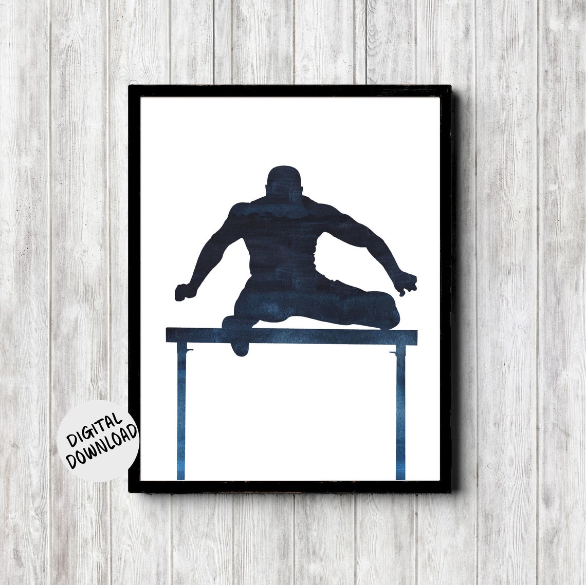 Blue Watercolor Hurdles Runner Silhouette Track Field Poster