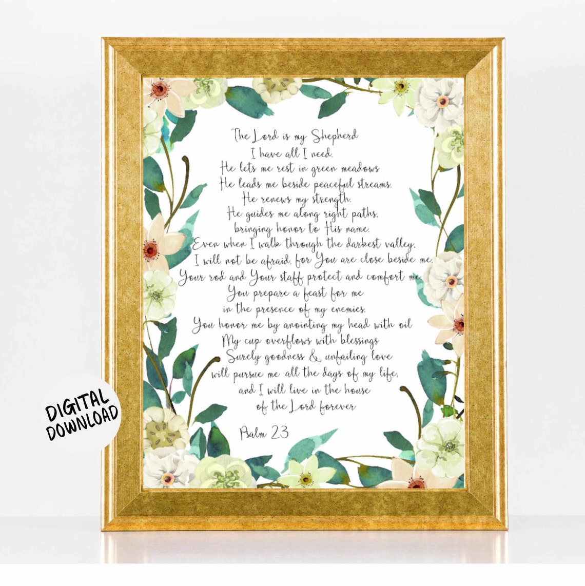 Psalm 23 The Lord Is My Shepherd Floral Watercolor Scripture Print