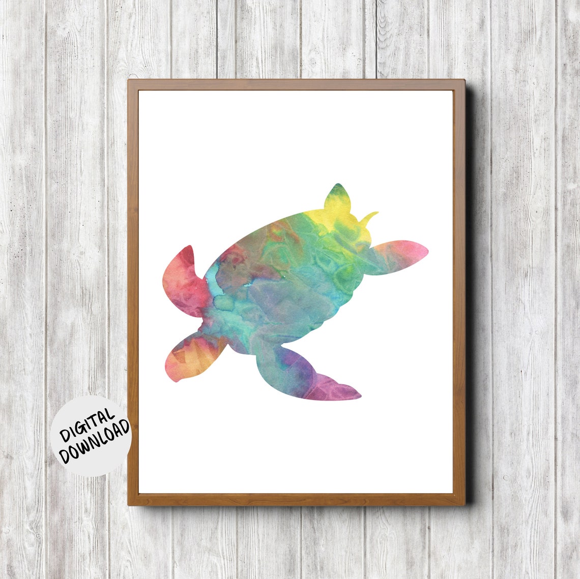 Colorful Sea Turtle Watercolor Ocean Animal Silhouette Print