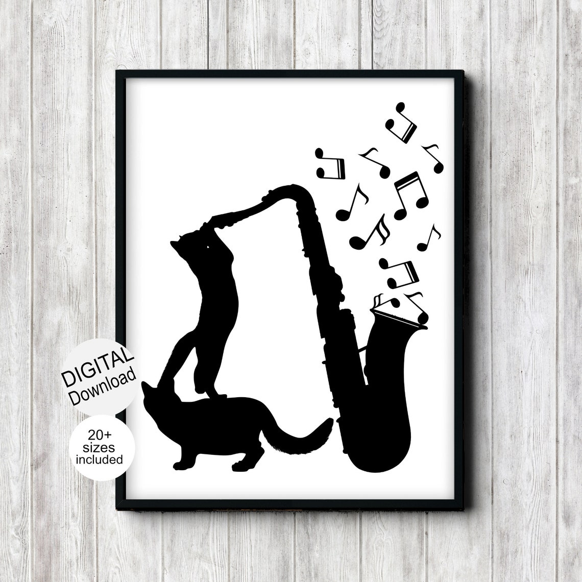 Cats Playing Saxophone Black Silhouette Music Notes Funny Wall Art