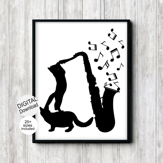 Cats Playing Saxophone Black Silhouette Music Notes Funny Wall Art