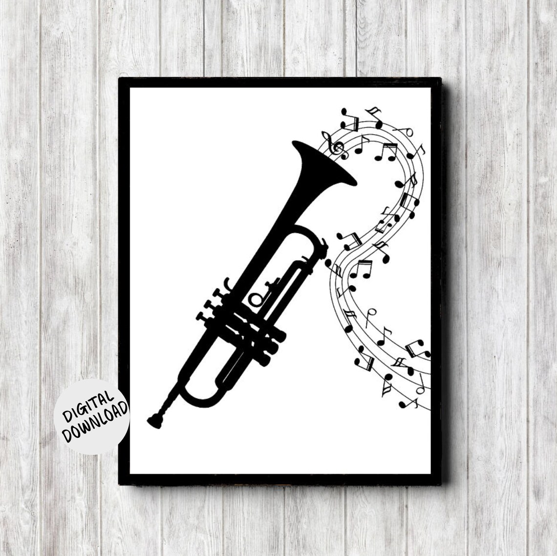 Black Trumpet Silhouette with Music Notes Jazz Decor Art Print