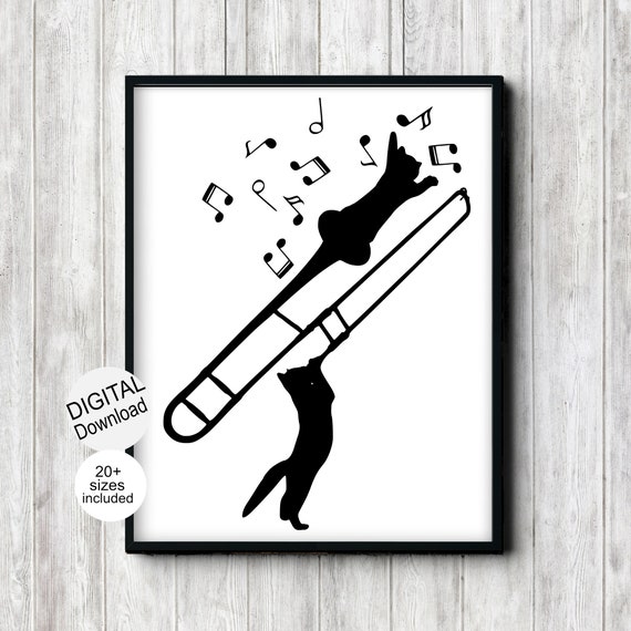 Cats Playing A Trombone, Quirky Music Room Art Print
