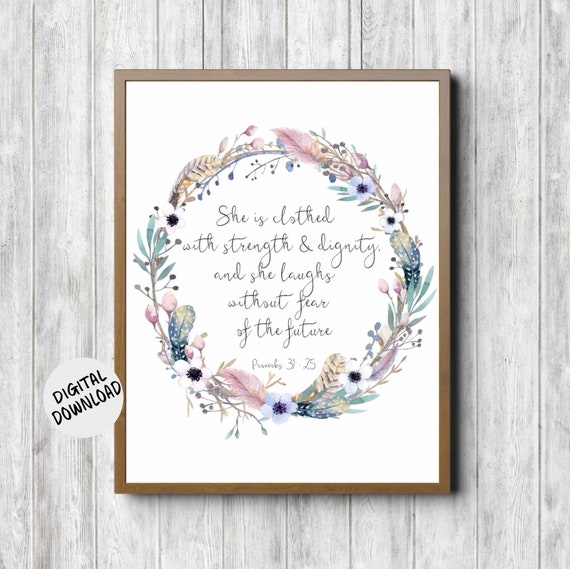 Proverbs 31:25 Bible Verse Watercolor Wreath Art