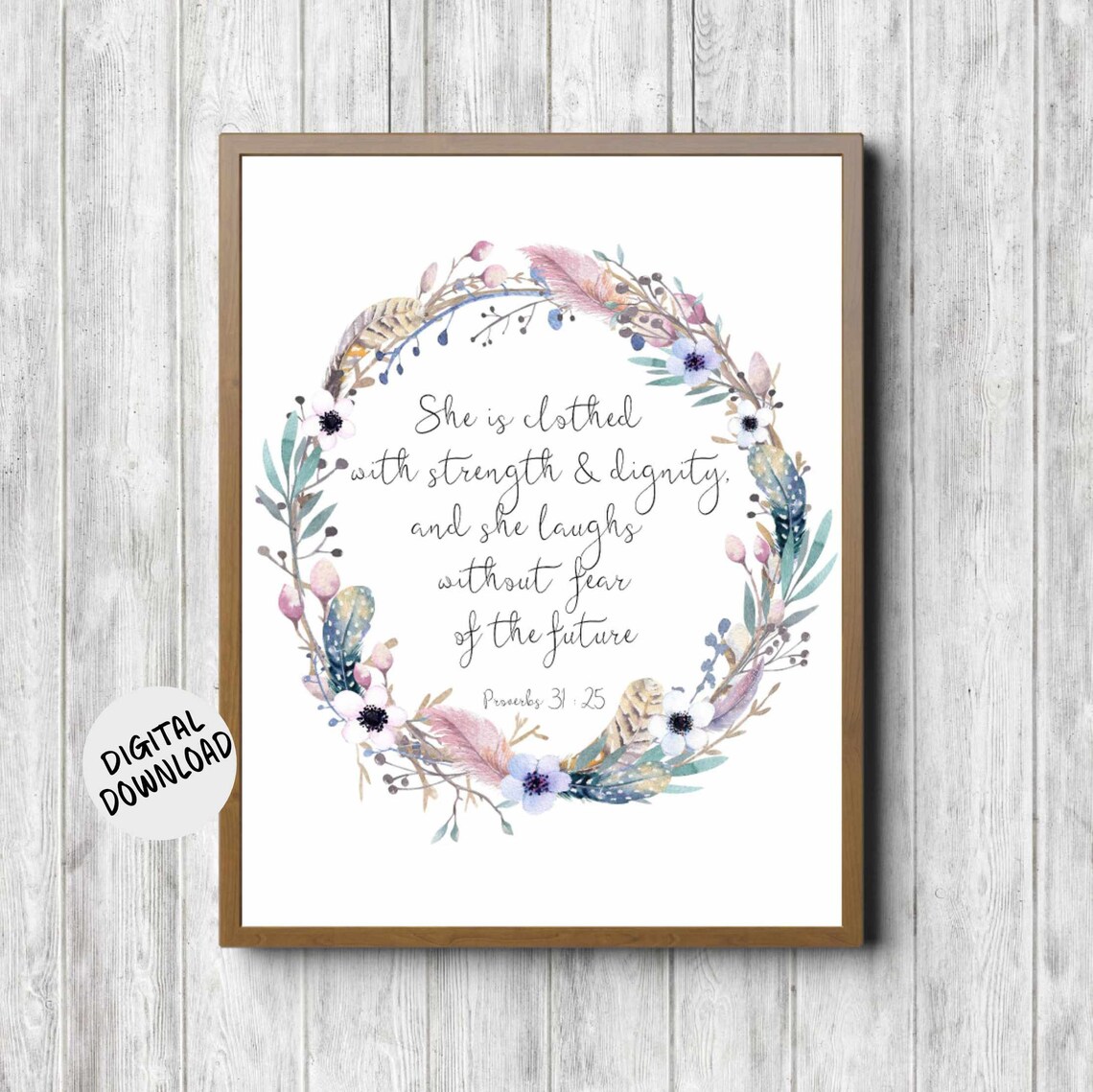 Proverbs 31:25 Bible Verse Watercolor Wreath Art