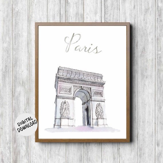 Watercolor Paris Wall Art Arc De Triomphe Famous Landmark Momument Print World Cities Office Wall Art Travel Poster