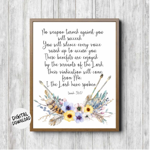 Instant Isaiah 54 17 Scripture Nursery Girls Room Print Christian Wall Art Watercolor Floral Feather Arrows Bouquet