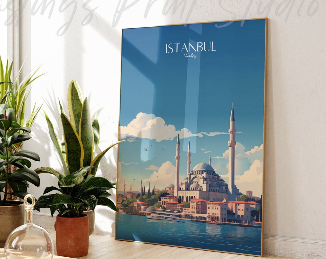 Istanbul Turkey City Travel Poster Blue Mosque Waterfront Vintage Style