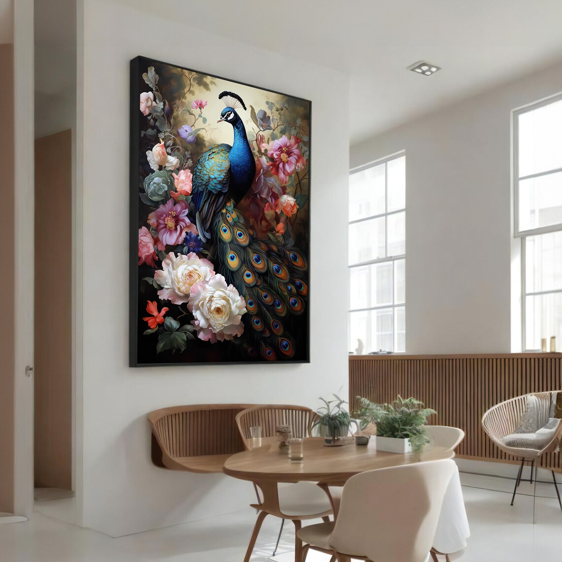 Peacock With Blooming Flowers, Elegant Animal Art
