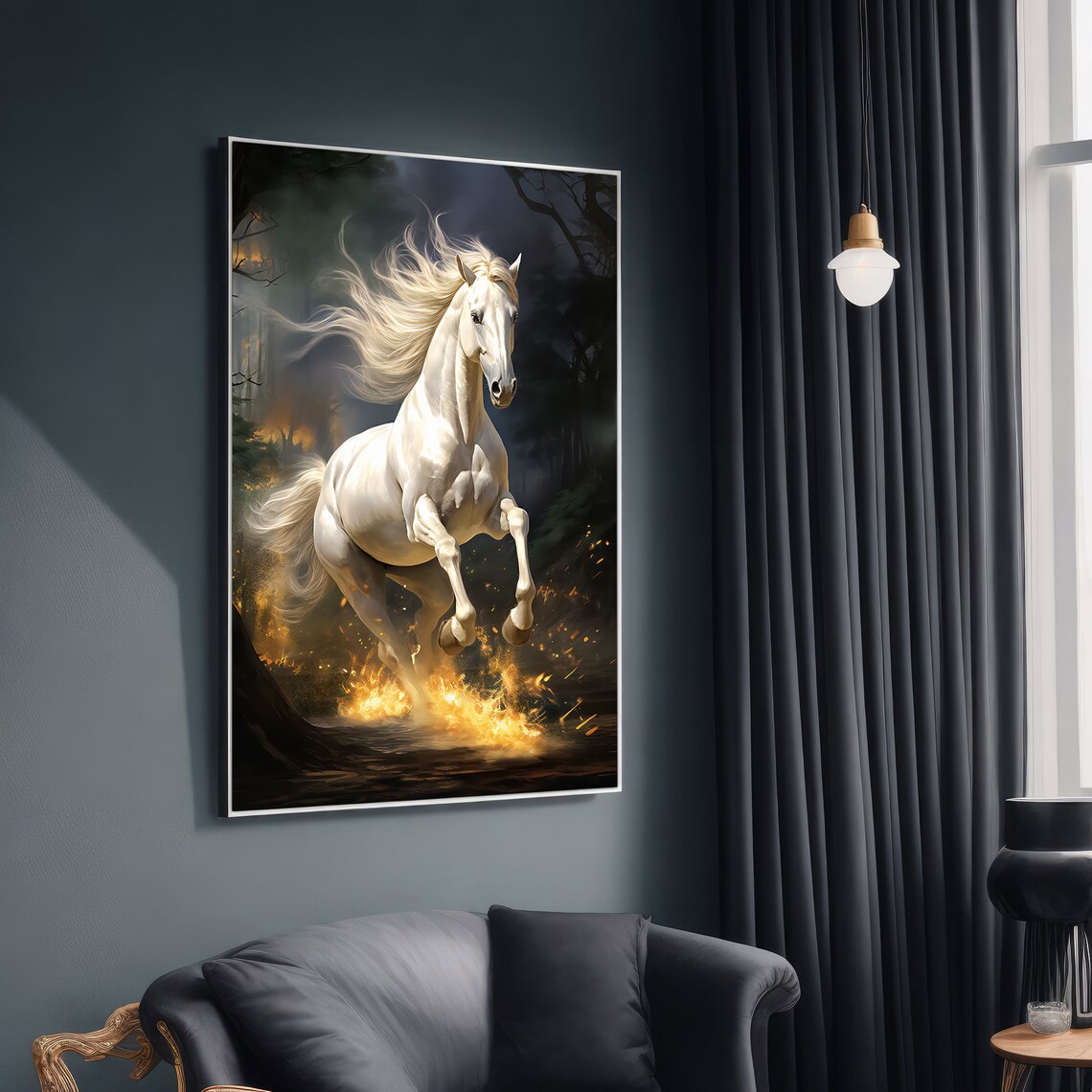 Fiery White Stallion Painting, Horse Lovers Gift