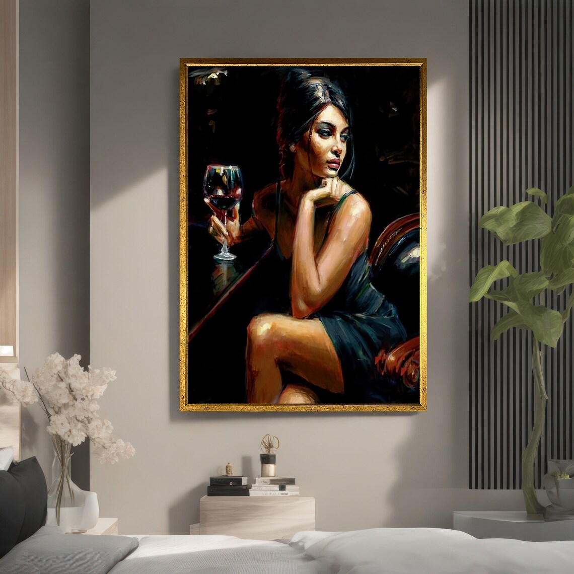 Elegant Woman With Wine Glass, Modern Painting - Image 5