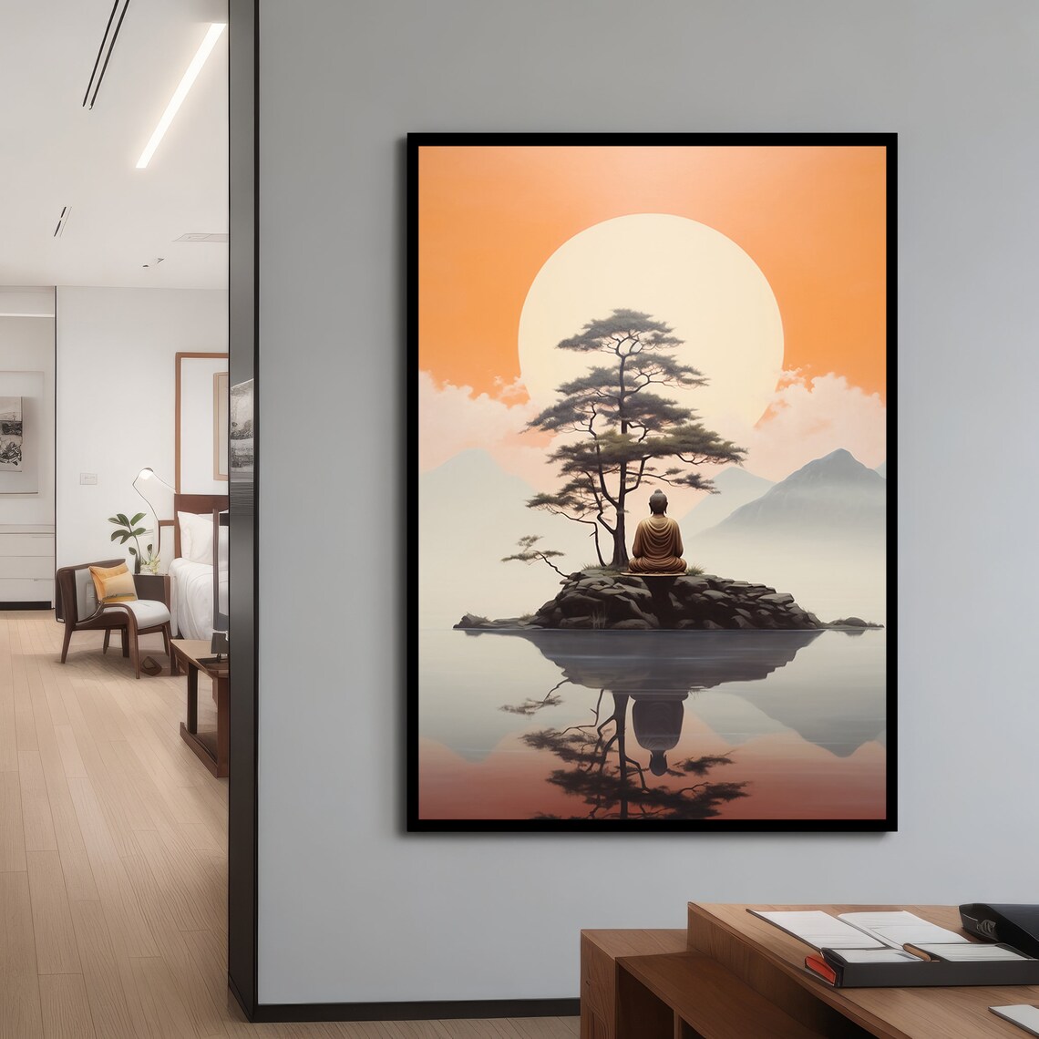 Peaceful Meditation At Sunset, Buddha Silhouette Art Print - Image 3