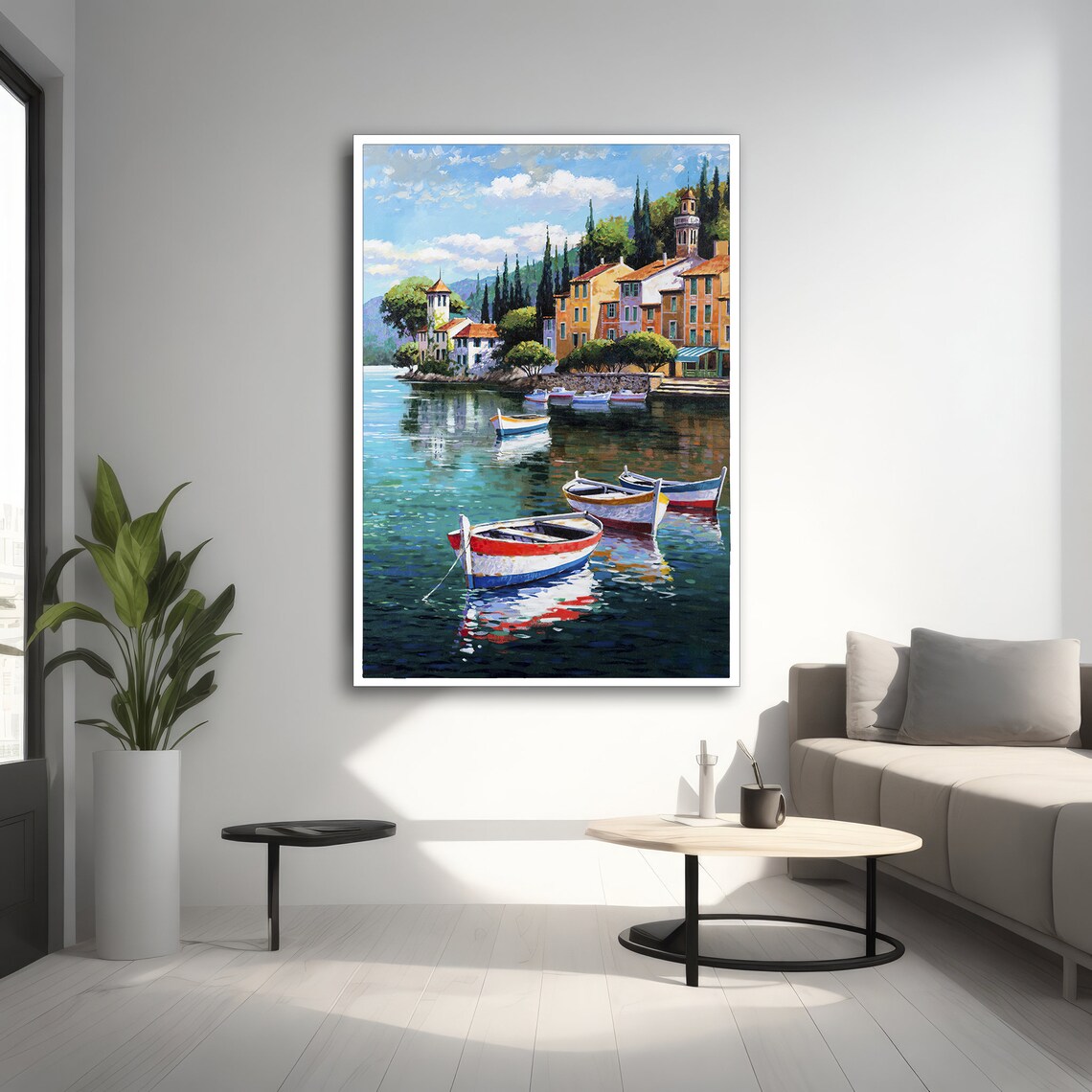 Coastal Town With Boats, Modern Painting - Image 2