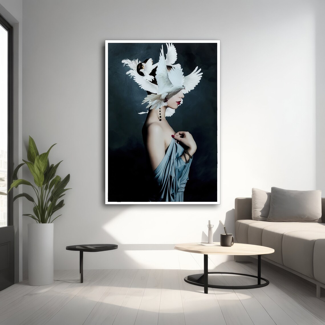 Elegant Woman With Doves, Modern Painting - Image 2