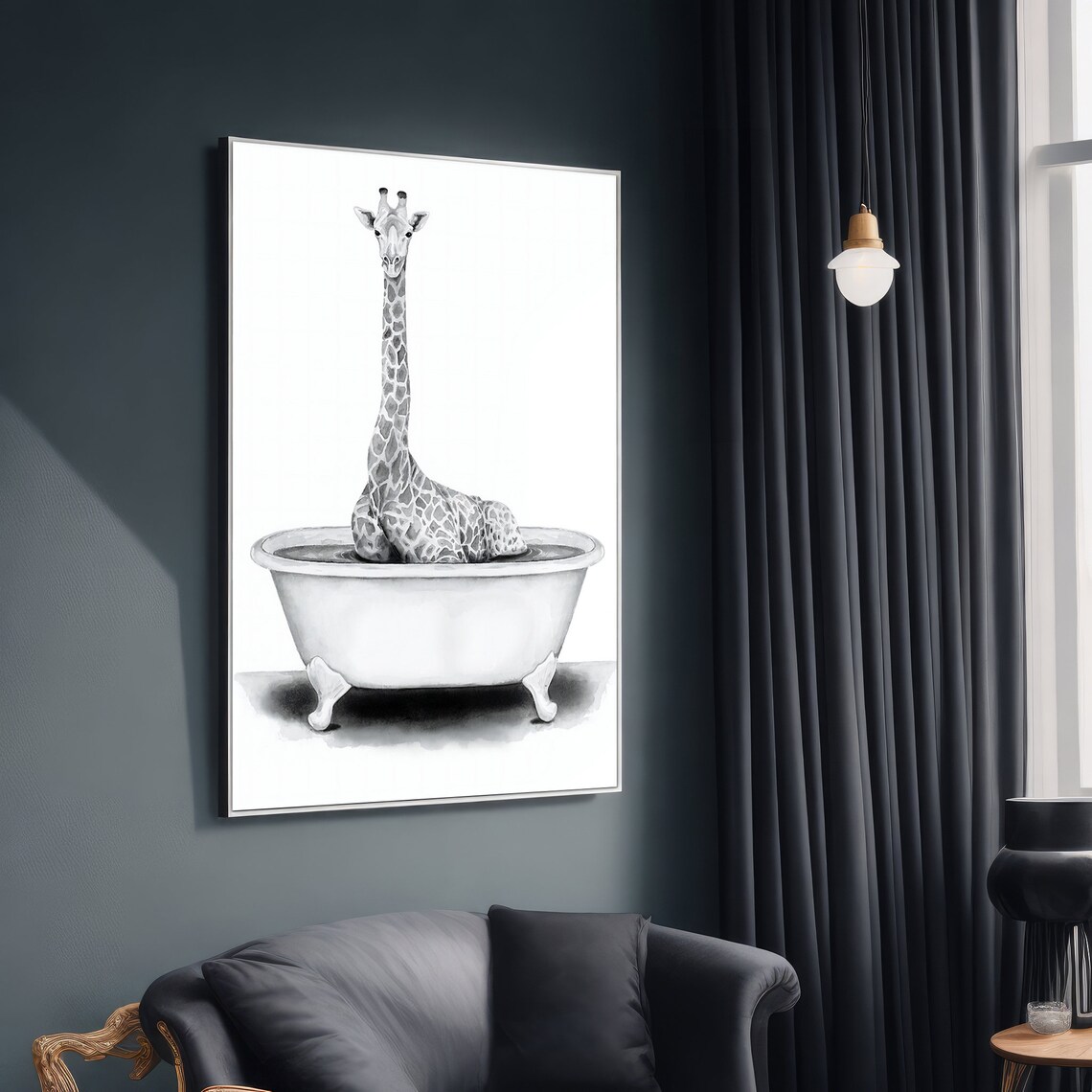 Whimsical Giraffe in Bathtub, Animal Lovers Gift