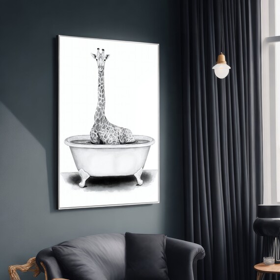 Whimsical Giraffe in Bathtub, Animal Lovers Gift