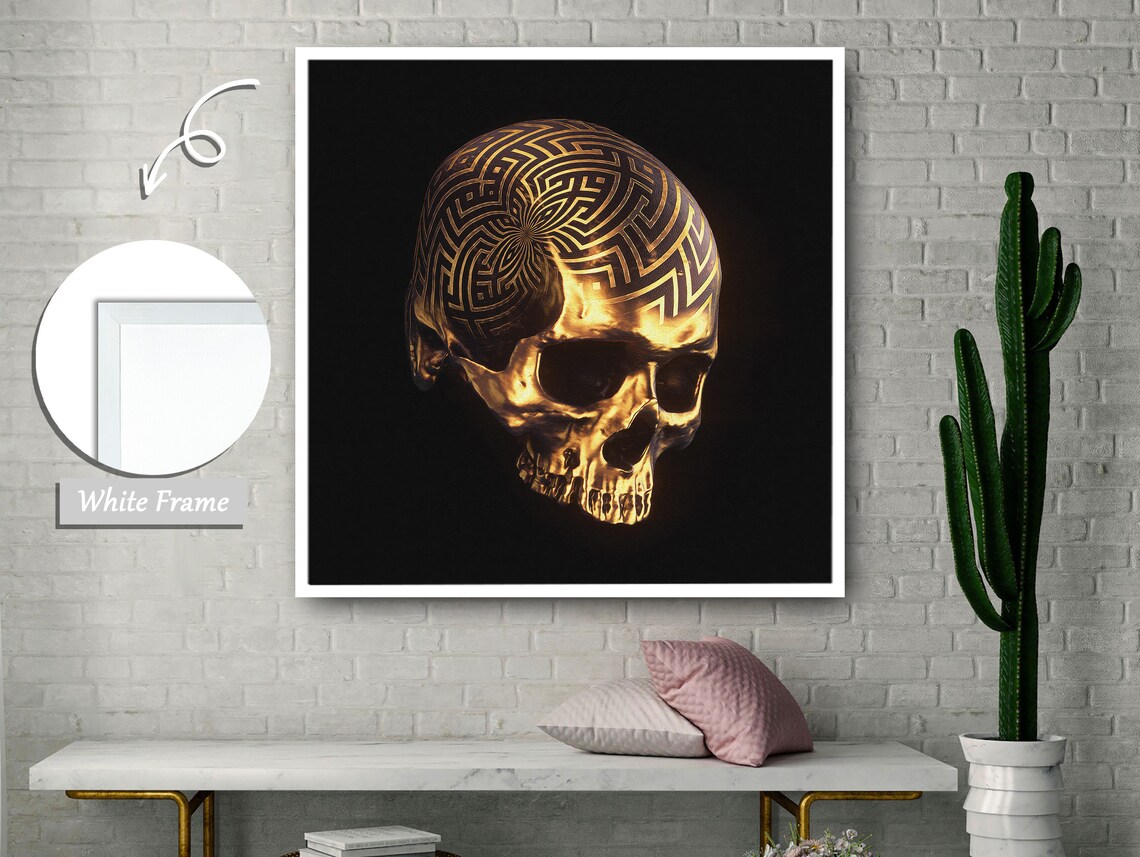 Golden Skull With Intricate Spiral Designs, Art Print