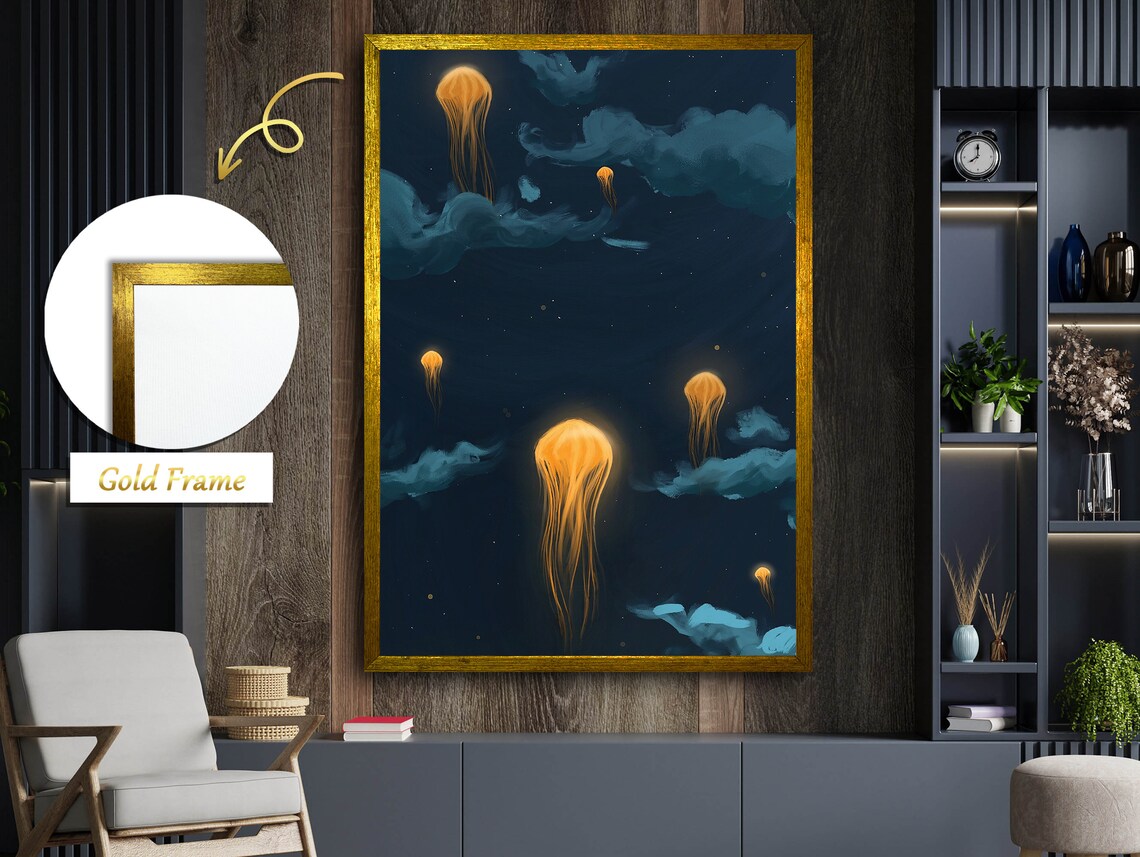 Jellyfish Rising To The Sky, Surreal Sea Life Art Print