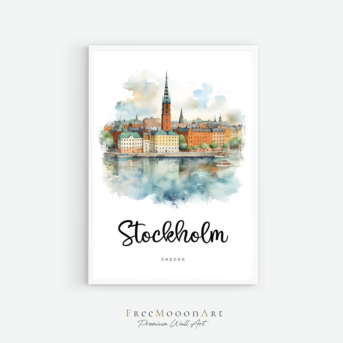 Stockholm Sweden Waterfront Watercolor Travel Poster Old Town View
