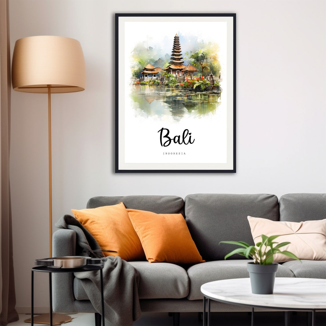 Bali Indonesia Temple Lake Reflection Watercolor Travel Poster - Image 4