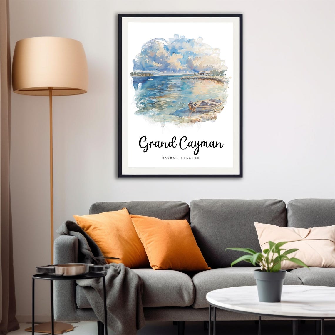 Grand Cayman Sunset Watercolor Travel Poster Boat on Calm Tropical Sea - Image 4