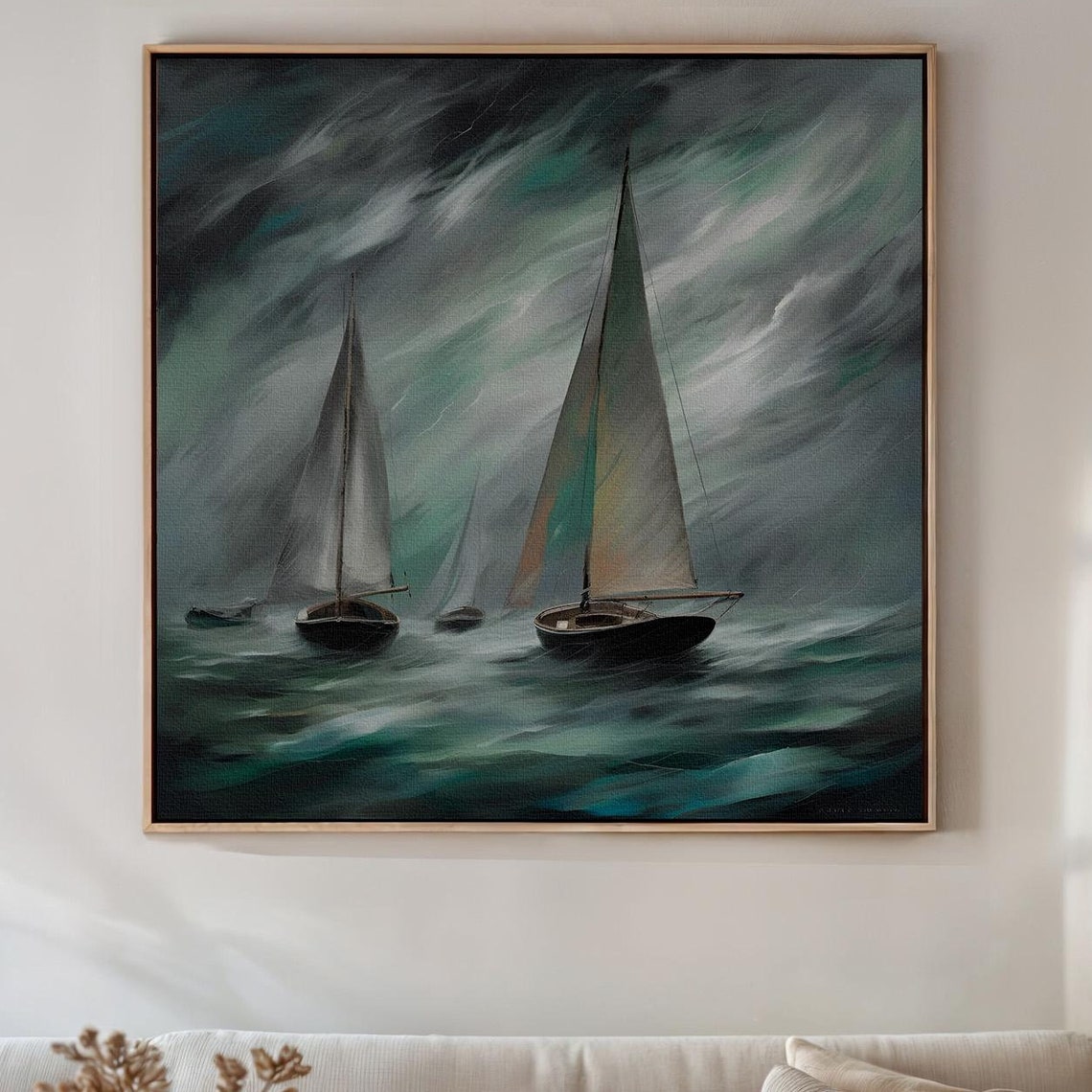 Stormy Seas Sailboats On Dark Moody Ocean Waves Maritime Wall Art