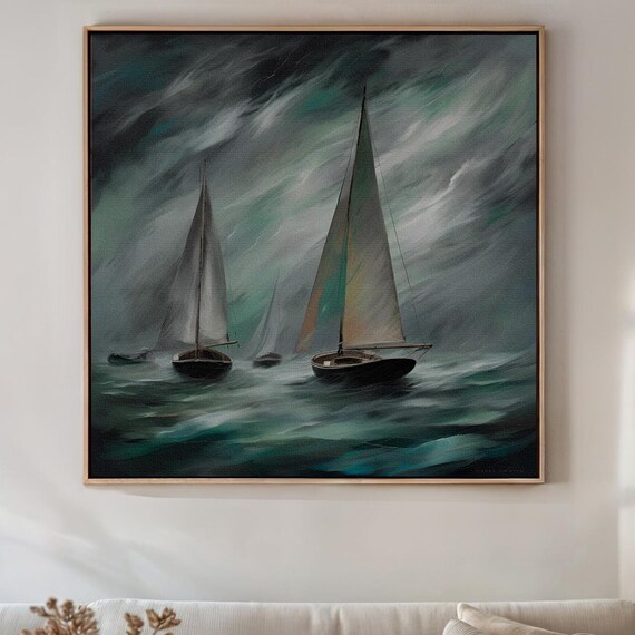 Stormy Seas Sailboats On Dark Moody Ocean Waves Maritime Wall Art