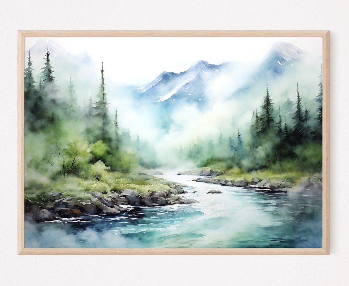 Mountain River Watercolor Turquoise Stream Pine Forest Valley Poster