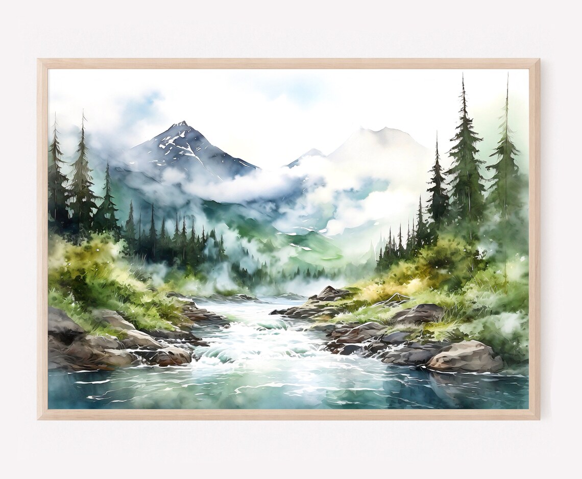 Alaska Watercolor Travel Poster, Mountain River Art Print