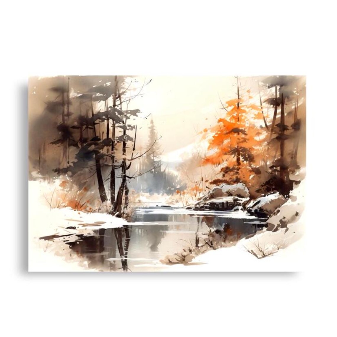 Winter Forest Lake Mountain Watercolor Art Print - Image 5