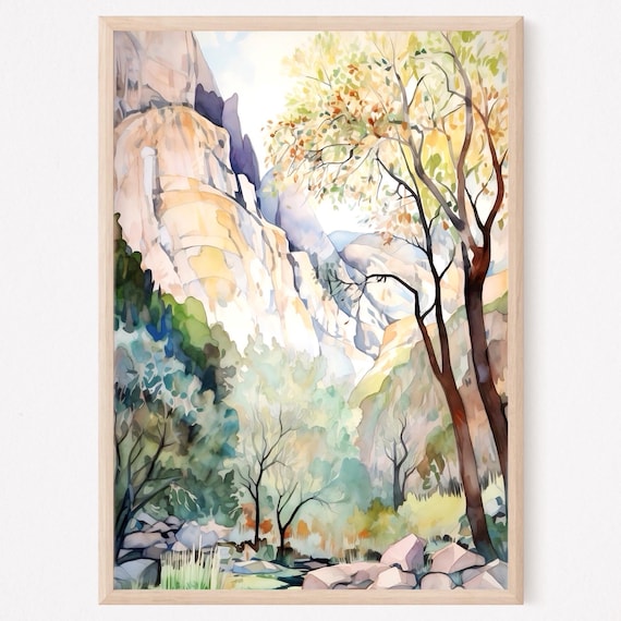 Zion Canyon Towering Sandstone Cliffs and Autumn Trees Watercolor Poster
