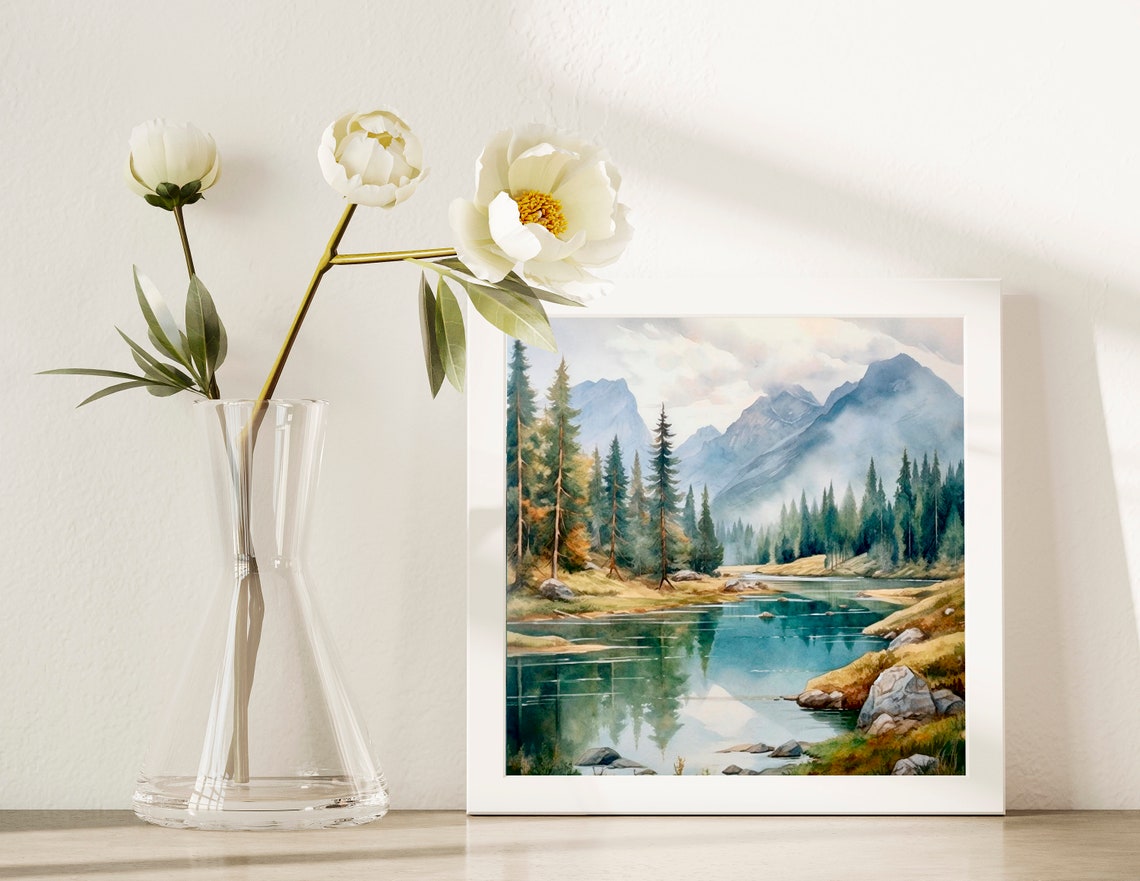 Calm Alpine Lake Reflections Evergreen Forest Misty Watercolor Poster - Image 4