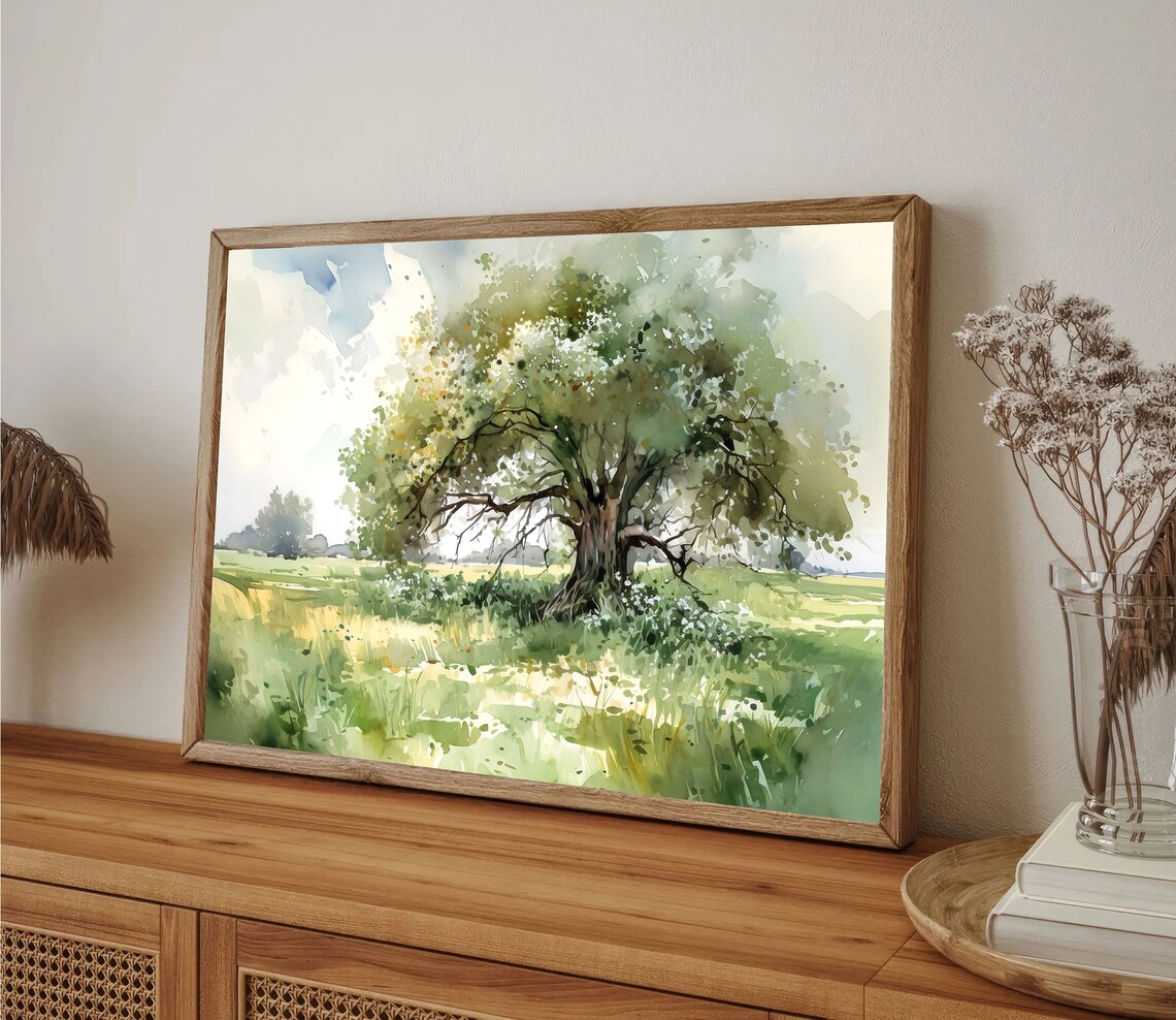 Oak Tree Watercolor Art Print, Summer Meadow Landscape - Image 2